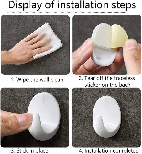 Installation steps for Heavy Duty Adhesive Wall Hooks For Bathroom And Kitchen Built Tough With Super Grip Oil Resistant Plastic Surface Mounts.