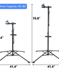 Two heights of Portable Adjustable Bike Repair Stand For Home Mechanics 42.5 To 74 Inch Telescoping Steel Work Stand With 360 Degree Clamp Tool Tray Balancing Pole Fits Road Mountain And E Bikes Pro Grade, showing maximum height of 76.8 inches and base width of 41.4 inches, max capacity 66 lbs.