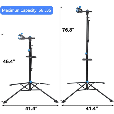 Two heights of Portable Adjustable Bike Repair Stand For Home Mechanics 42.5 To 74 Inch Telescoping Steel Work Stand With 360 Degree Clamp Tool Tray Balancing Pole Fits Road Mountain And E Bikes Pro Grade, showing maximum height of 76.8 inches and base width of 41.4 inches, max capacity 66 lbs.