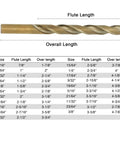 Table showing sizes and lengths for 21 Piece Cobalt Drill Bits Set Pro Grade M35 HSS 135 Degree Split Point Jobber Length