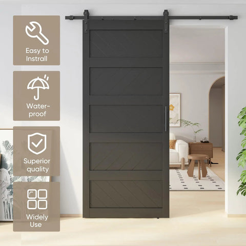 Ultra Sharp 42 By 96 Inch Wave Shape Sliding Barn Door In Matte Black, featured in modern interior with linear design.