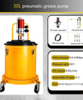 Heavy Duty Workhorse Pneumatic Grease Pump 30 Liter Capacity For 5 Gallon Drums with 16ft hose and swivel casters.