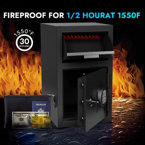 Heavy Duty Front Drop Safe Box Built To Last Fireproof Waterproof For Home And Office With Top Lock Cash Stash Compartment Anti Fishing Security Free Fireproof Bag For Cash Jewelry And Important Documents next to flames and cash bag