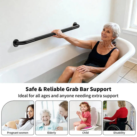 Hella Sturdy Extra Long Matte Black Safety Grab Bar Featuring Knurled Anti Slip Grip And Premium 304 Stainless Steel for bathroom support.