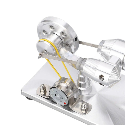 Engine Generator For Science Projects And STEM Learning With Durable Brushed Stainless Steel Base CNC Machined Frame Thick Glass Heating Cylinder Hands On Educational Toy For Curious Kids And Makers close-up of brushed metal base