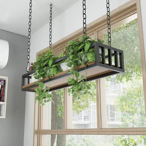 Dope Industrial Wood And Iron Hanging Shelf Rack For Kitchen Plants Overhead Ceiling Storage Plant Stand With Railing