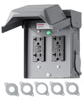 Weatherproof Outdoor Outlet Box With Dual 20 Amp GFCI Outlets For Yard And Patio, All Metal Weather-Resistant Housing With Cover, ETL Certified For Safe Exterior Power Use, gray metal cover open