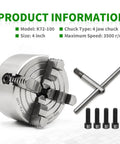 Rugged 100mm Independent Lathe Chuck 4 Jaw Grips 4 Inch Capacity 3500 RPM Hardened Steel Construction with accessories shown