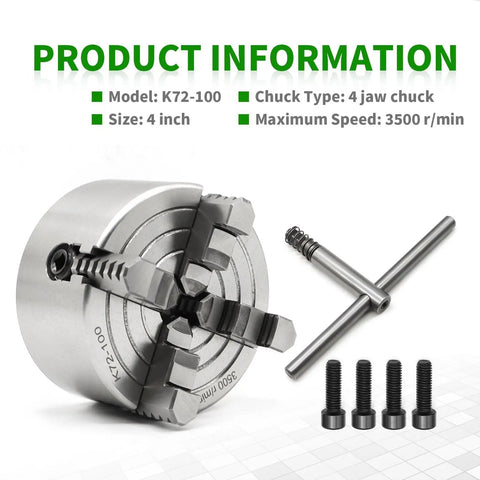 Rugged 100mm Independent Lathe Chuck 4 Jaw Grips 4 Inch Capacity 3500 RPM Hardened Steel Construction with accessories shown