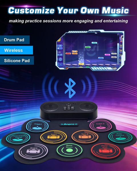 Portable Roll Up Electric Drum Kit With 9 Pads And Dual Stereo Speakers Bluetooth MIDI Practice Ready For Kids And Adults Beginners Includes Pedals Sticks And Headphone Support