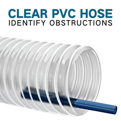 Pro Grade Clear PVC Dust Collection Hose Two And A Half Inch By Twenty Foot For Workshop And Woodworking Dust Collection Systems Grounded At Both Ends For Safe Electrostatic Discharge Heavy Duty Coil To Minimize Kinking showing internal visibility to identify obstructions