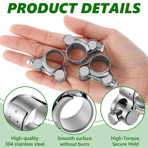 Hand holding Ten Pack T Bolt Hose Clamps Kit 17 to 19 Mm OD Heavy Duty Adjustable 304 Stainless Steel T Slot Clamp for tubing securement.