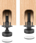 Heavy Duty 8 Pack Adjustable Furniture Levelers For Tables, Chairs, Cabinets And More With Large Base, 1320 Lb Support, T Nut Kit Three Eighths Inch By Sixteen Thread, Perfect For Leveling And Smooth Sliding On Any Floor shown under wooden furniture.