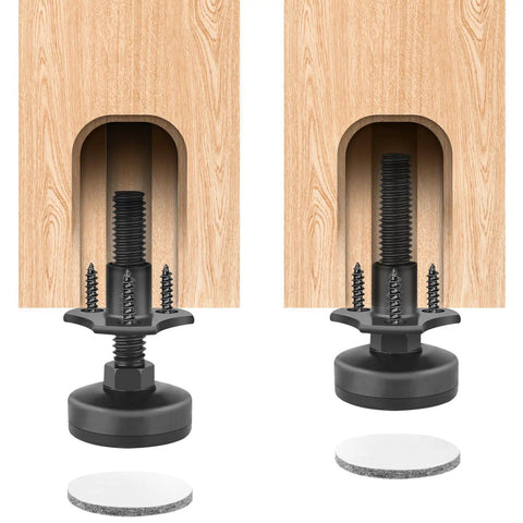 Heavy Duty 8 Pack Adjustable Furniture Levelers For Tables, Chairs, Cabinets And More With Large Base, 1320 Lb Support, T Nut Kit Three Eighths Inch By Sixteen Thread, Perfect For Leveling And Smooth Sliding On Any Floor shown under wooden furniture.