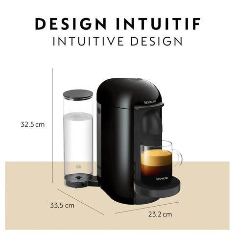 Vertuo Plus Single Serve Coffee And Espresso Maker By Breville In Ink Black With 25 Second Heat Up And Auto Shut Off For Quick One Touch Brews And Rich Flavor Every Morning with dimensions shown