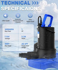 1 HP Submersible Pool Cover Pump With 5000 GPH Flow Rate Check Valve Three Adapters 29.5 Foot Cord in water setting