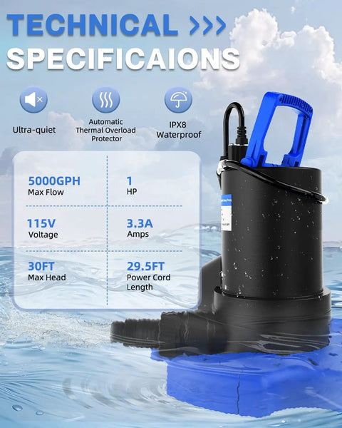 1 HP Submersible Pool Cover Pump With 5000 GPH Flow Rate Check Valve Three Adapters 29.5 Foot Cord in water setting