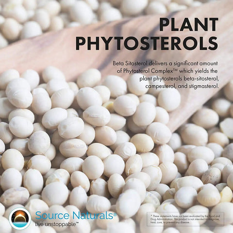 Heavy Duty Beta Sitosterol Capsules 375 Milligrams 120 Count with plant phytosterols, features white plant capsules on a wooden surface.