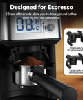 Close-up of Hardcore Conical Burr Coffee Grinder With 51 Precise Settings, showing digital screen and coffee grounds in portafilter.