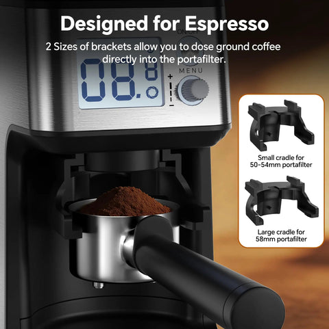 Close-up of Hardcore Conical Burr Coffee Grinder With 51 Precise Settings, showing digital screen and coffee grounds in portafilter.