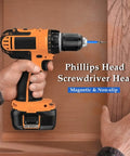 Close-up of 10 Piece Magnetic Phillips Screwdriver Bits Set, 6 Inch Long, Anti Slip PH2 with drill in use on wood cabinet