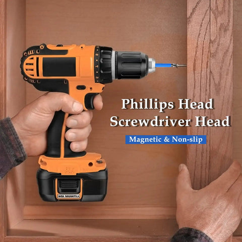 Close-up of 10 Piece Magnetic Phillips Screwdriver Bits Set, 6 Inch Long, Anti Slip PH2 with drill in use on wood cabinet