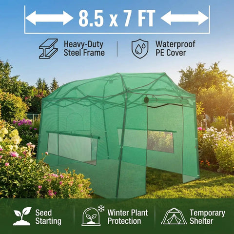 Walk In Pop Up Greenhouse For Indoor Or Outdoor Use 8.5 By 7 Ft Grow Tent With Zippered Doors Screen Windows Heavy Duty Frame And Weather Resistant PE Cover For Plants Veggies Herbs And Flowers