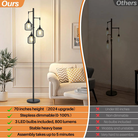 Dimmer Floor Lamp With 3X 800LM LED Edison Bulbs, Tall Standing Corner Lamp In Farmhouse Black, Industrial Rustic Vintage Tree Pole Light With Cage, Perfect For Living Room, Bedroom And Office To Set The Vibe