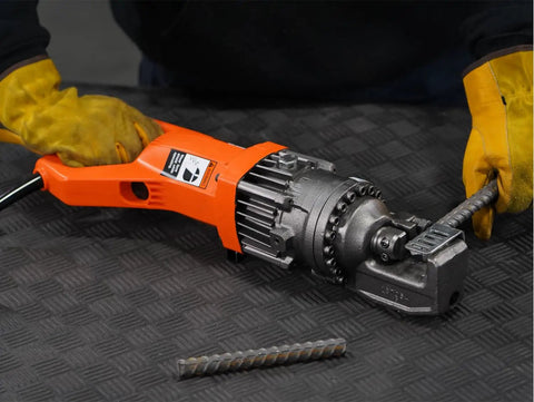 Heavy Duty Portable Electric Rebar Cutter With D Handle Grip For Cutting Up To 5/8 Inch #5 Steel Bars in use with rebar.