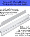 Pro Grade Drywall Skimming Blade Set With Extension Handle For Mud Finishing, showing removable blades with 0.5mm and 0.35mm thickness.