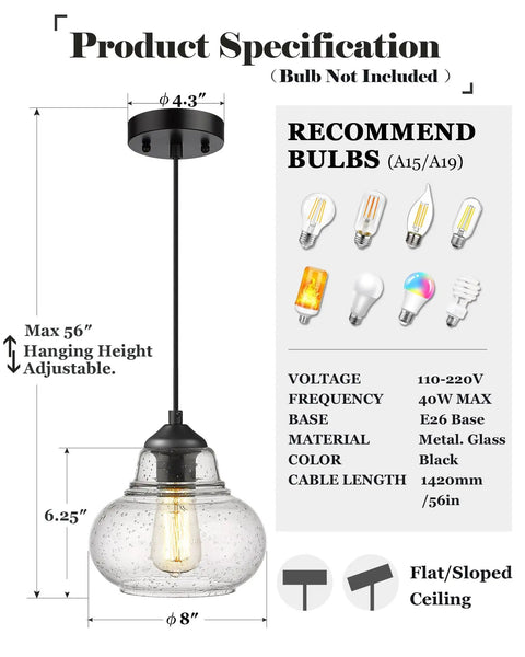 8 Inch Globe Pendant Light With Hand Blown Bubble Glass And Seeded Glass Details, Industrial Farmhouse Style Ceiling Fixture