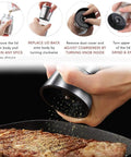 Using Salt And Pepper Grinder Set With Wooden Standing Tray Refillable Pepper Mill Set In Brushed Stainless Steel Short Glass Shakers Adjustable Coarseness For Peppercorn Salt Or Spices Easy Twist Ceramic Grinders Kitchen Accessory over steak