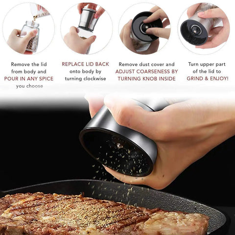 Using Salt And Pepper Grinder Set With Wooden Standing Tray Refillable Pepper Mill Set In Brushed Stainless Steel Short Glass Shakers Adjustable Coarseness For Peppercorn Salt Or Spices Easy Twist Ceramic Grinders Kitchen Accessory over steak