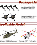 Replacement Rotor Clip Set For WLtoys K170 K270 Black Hawk RC Helicopter with four main blade clips and two plastic cross plates shown.