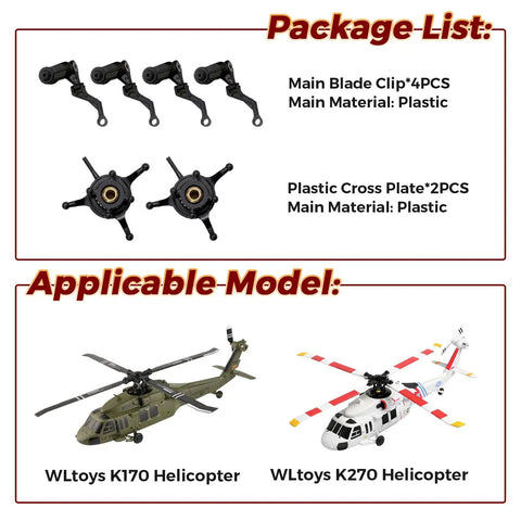 Replacement Rotor Clip Set For WLtoys K170 K270 Black Hawk RC Helicopter with four main blade clips and two plastic cross plates shown.