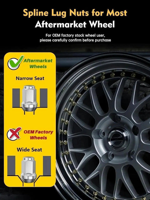 Guide showing spline lug nuts for aftermarket wheels comparing narrow and wide seat compatibility.