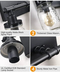 Industrial Mason Jar Vanity Lights 2 Pack With Clear Glass Shades Gold And Black Farmhouse Wall Sconces, close-up details.
