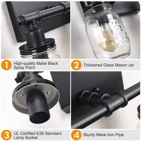 Close-up of 2 Light Black Bathroom Vanity Light Fixture, industrial farmhouse wall sconce with glass mason jar shades and iron pipe details.