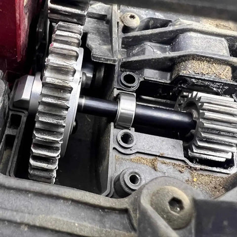 Beefy 46T Gear Bearing Assembly For 1 To 5 Scale RC Trucks Upgrade Kit With High-Carbon Chrome Steel Bearings Smooth Power Transfer For 8S Drives Replacements Mods And Drivetrain Upgrades For Heavy-Duty RC Builds, close-up installed in RC gearbox