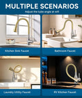 360° Swivel Kitchen Faucet, Pull Down Silicone Faucet with Reinforced Hose in multiple scenarios: kitchen, bathroom, laundry, RV.