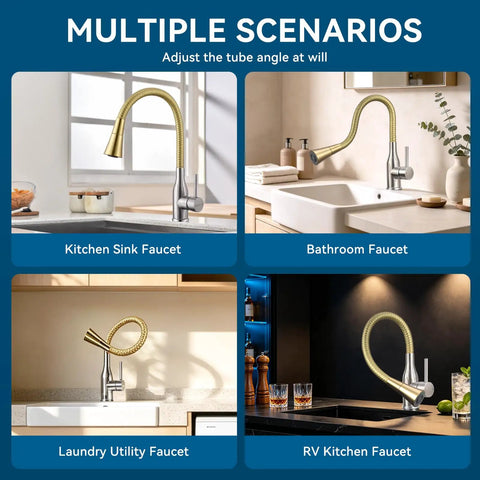360° Swivel Kitchen Faucet, Pull Down Silicone Faucet with Reinforced Hose in multiple scenarios: kitchen, bathroom, laundry, RV.