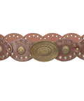 Vintage Western Cowboy Disc Belt featuring riveted metal conchos, 43 inches, made of red brown PU leather, adjustable design.