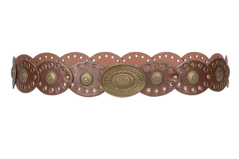 Vintage Western Cowboy Disc Belt featuring riveted metal conchos, 43 inches, made of red brown PU leather, adjustable design.