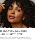 Person with curly hair promoting Repair Treatment Starter Kit For Damaged Hair With Frizz Control, Split End Repair, And Softer, Stronger Hair.