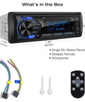 All In One Bluetooth Car Stereo For Marine Use That Slaps With Single Din LCD Display MP3 Player FM AM Receiver Dual USB Ports SD Card Slot AUX In Two Point One Amp Quick Charge APP Control In Dash Multimedia Radio unboxed view with remote and accessories
