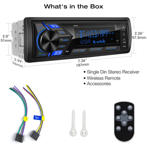 All In One Bluetooth Car Stereo For Marine Use That Slaps With Single Din LCD Display MP3 Player FM AM Receiver Dual USB Ports SD Card Slot AUX In Two Point One Amp Quick Charge APP Control In Dash Multimedia Radio unboxed view with remote and accessories