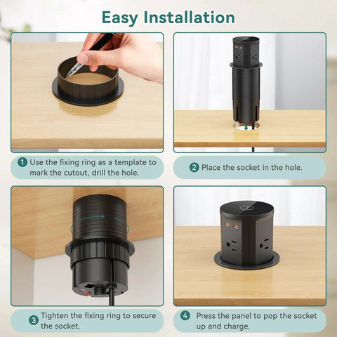 Installation guide for Pop Up Outlet With Wireless Charger And USB C Slick Retractable Recessed Power Station for desks.