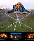 Portable Camping Fire Pit With Collapsible Stainless Steel Mesh on grass, showcasing bonfire flames.