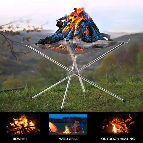 Portable Camping Fire Pit With Collapsible Stainless Steel Mesh on grass, showcasing bonfire flames.