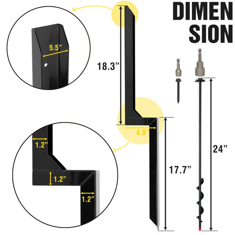 Diagram of Heavy Duty Steel Fence Post Repair Stakes With Ground Anchors, highlighting dimensions and screw components